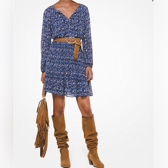 MICHAEL MICHAEL KORS BLUE WHITE PAISLEY LONG SLEEVE ELASTIC WAIST DRESS MEDIUM - Picture 8 of 9